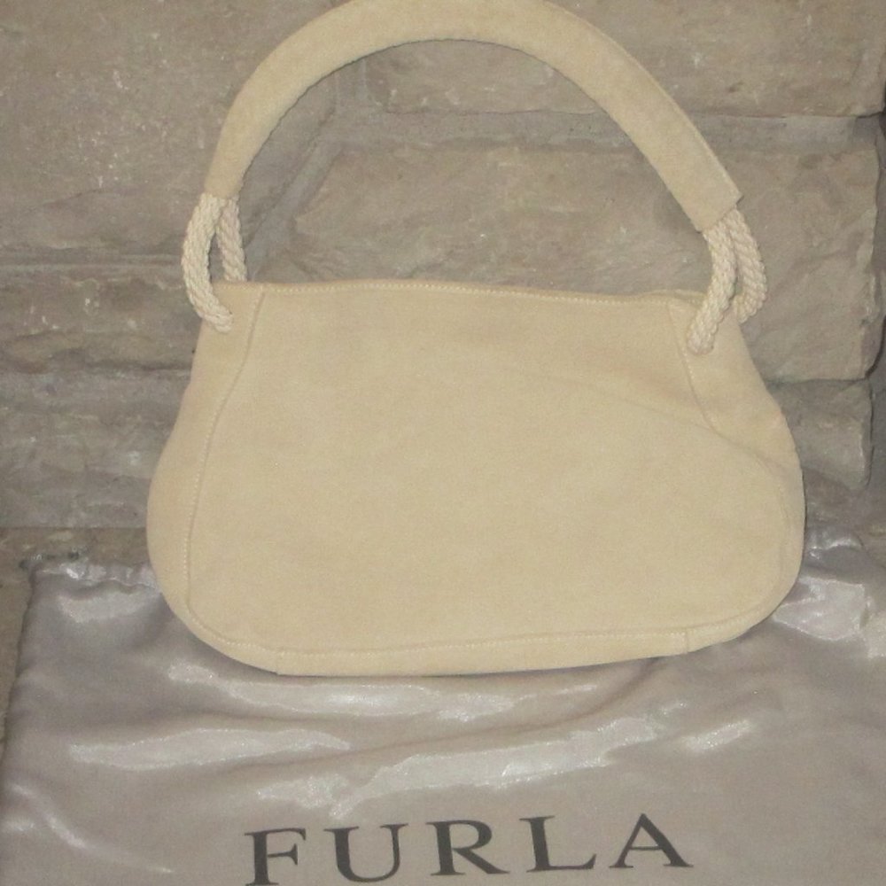 Y2K Furla Italy Ivory Suede & Rope Slouch Purse Handbag w Dust Bag